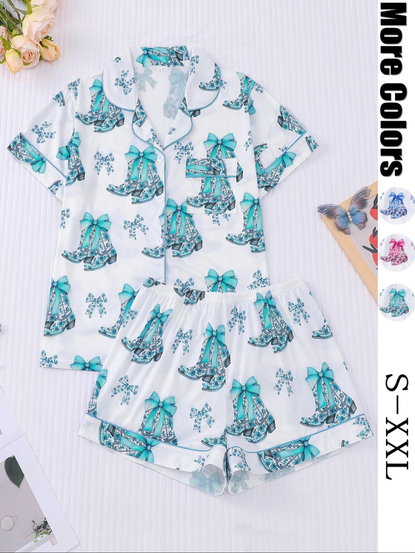 Women's All Over Print Button Front Shirt & Elastic Waist Shorts Pyjama Two-piece Set, Casual Comfy Short Sleeve Top & Shorts PJ Set, Ladies Sleepwear for All Seasons, Cute Pajama Sets