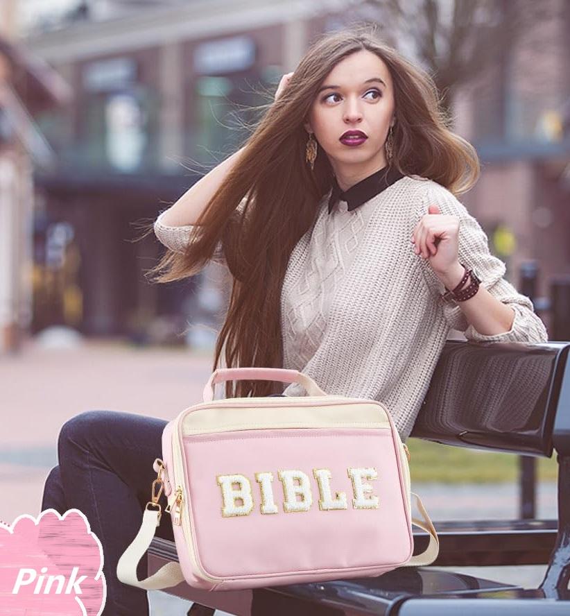 Bible Bag for Women, Floral Bible Bag 12x9x2.5in Large Chenille Letter Bible Cover PU Leather Bible Case with Tabs Colored Pen Highlighters Tote Bag with Shoulder Strap, Bible Journaling Kit Easter Gift for Church Women Girls,Sunday Prayer Supplies