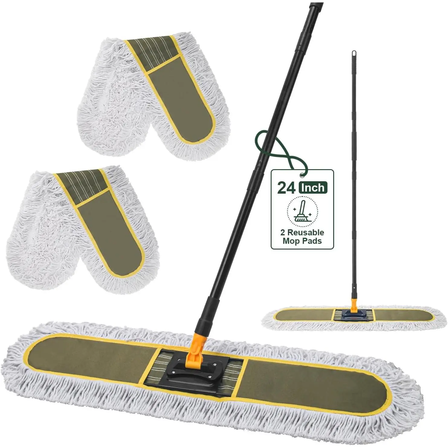24" Commercial Dust Mop with 2  Mop Pads, 60.5 Inch | Heavy Duty Large Dust Mop for Hardwood Floors, Industrial Wet Dry Floor Duster for Office Garage Warehouse Factory Mall