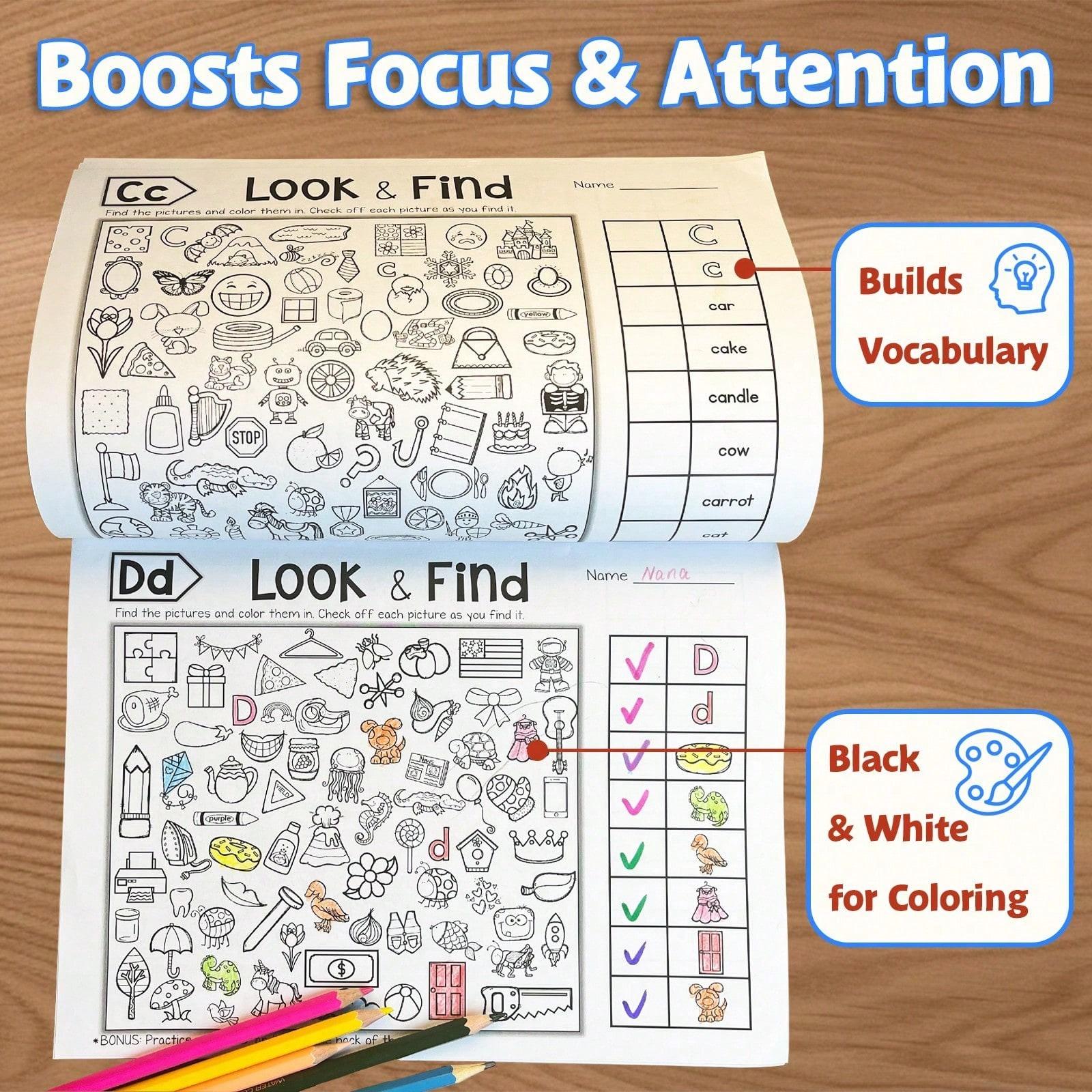 Look and Find Activity Workbook, Hidden Objects Search-and-Spot Pages, Alphabet / Objects / Colors & Shapes Themes, Visual Scanning and Observation Practice, Checklist Challenges, Screen-Free Puzzle Fun, Clear Worksheets for Daily Practice