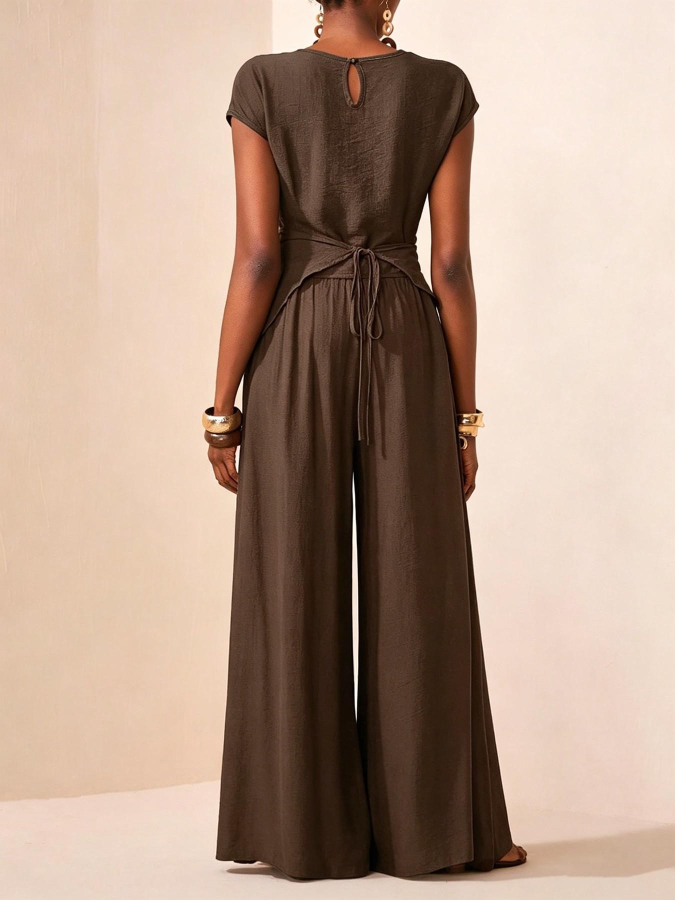 Women's Two-Piece Set, Cross-Tie Short Sleeve Top & High Waist Wide-Leg Pants, Casual Soft Matching Outfit