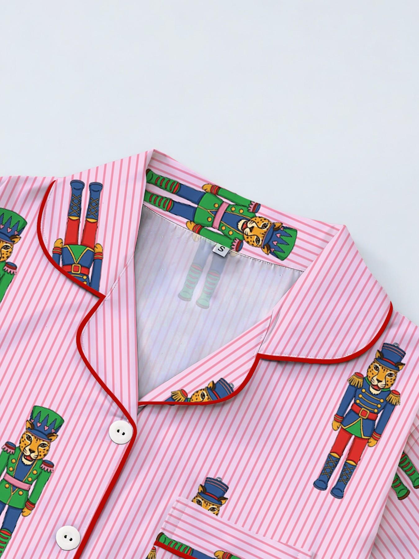 Women's Short Sleeve Button Down Top and Shorts Pajama Set, Spring Summer Wear, For Nutcracker Fairy Tale Lovers, Pink Stripe Colorful Nutcracker Soldier Print, Classic Lapel Collar, Loose Fit, Comfortable For Home & Holiday Gatherings