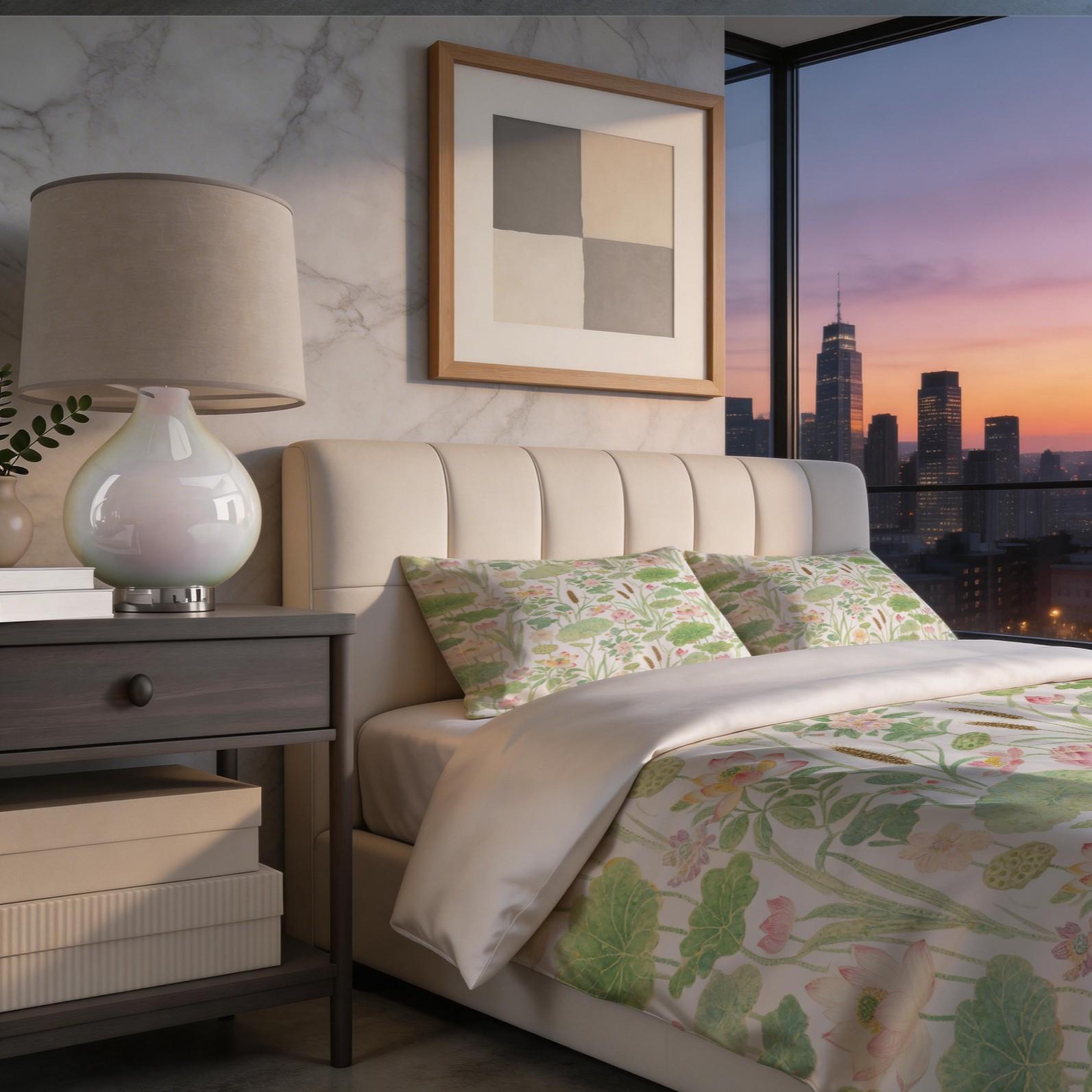 2/3 Piece Watercolor Lotus Pond Duvet Cover Set, HD Digital Printed Comforter Cover, Soft Breathable Bedding Set with Zipper Closure for Bedroom Home Decor (NoInsert)