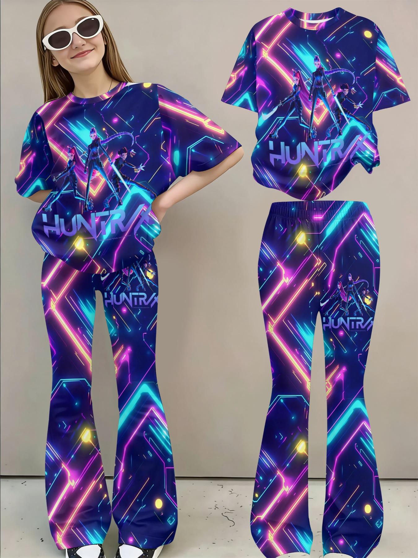 New Kids Trendy Starry Neon Full Print Set, Short Sleeve Loose Top + Unique Bell Bottoms, Spring Summer Casual Fashion Clothing
