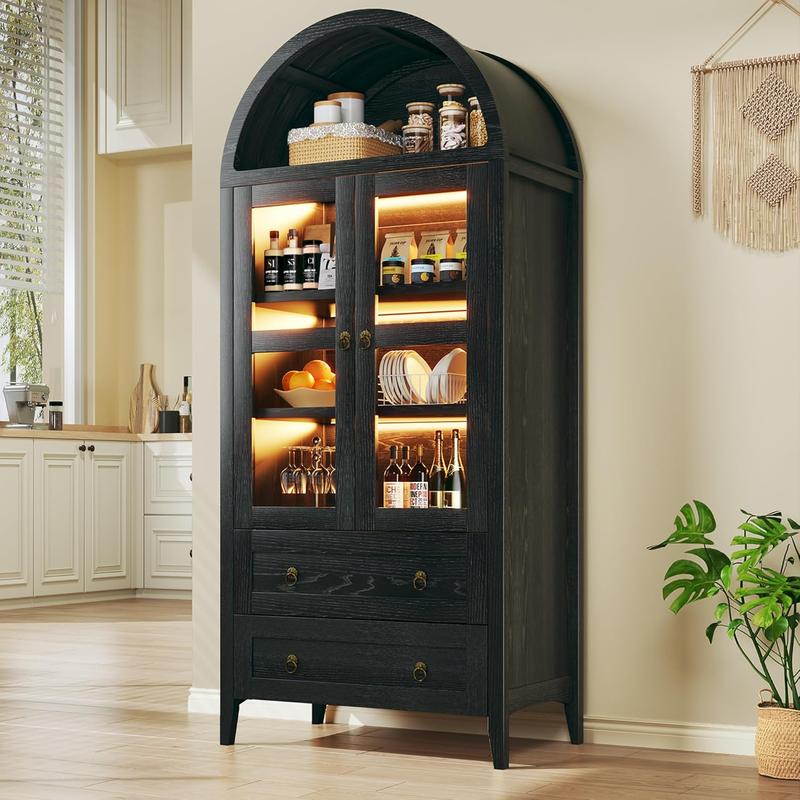 71" Tall Arched Kitchen Pantry, Pantry Cabinet, Kitchen Storage Cabinets with 2 Large Drawers & Adjustable Shelves & Glass Door for Living Room, Dining Room, Black