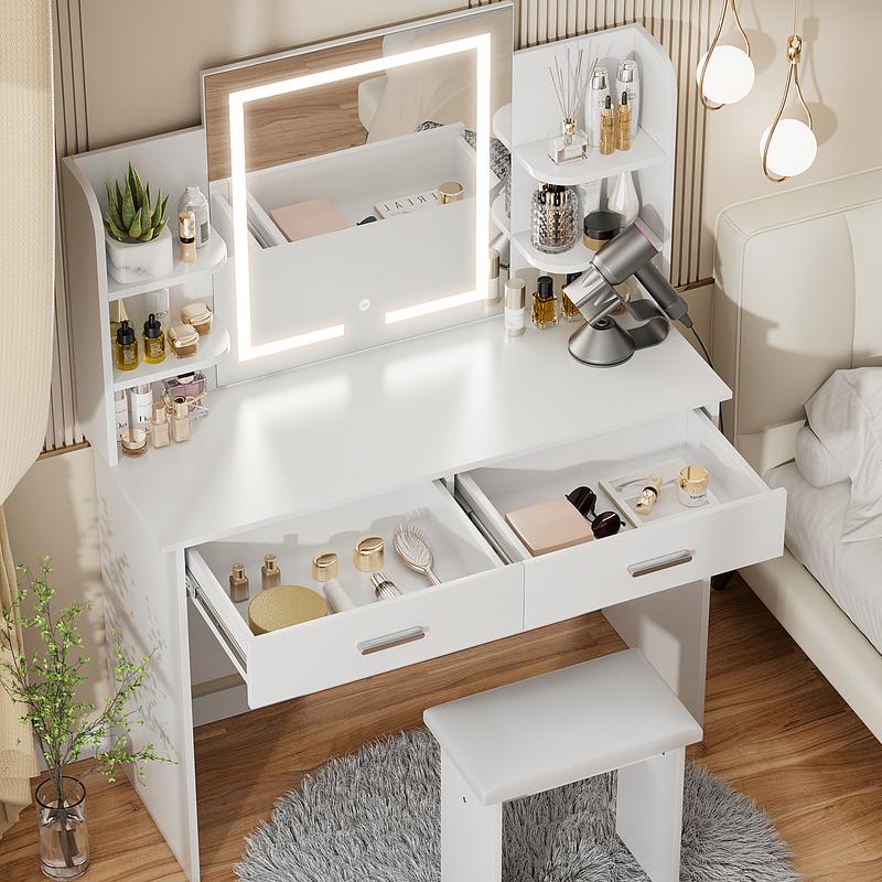 VOWNER Modern Makeup Vanity Desk with Lighted Mirror,2 Drawers,6 Storage Shelves and Cushioned Stool
