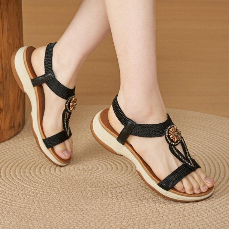 Women’s Boho Beaded T-Strap Sandals, Elastic Slingback Non-Slip TPR Soft Platform Summer Daily Beach Sandals