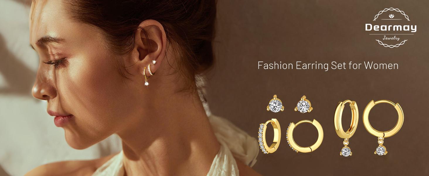 4 Pcs Gold Earrings for Women TrendyCute Cubic Zirconia Hypoallergenic Cartilage Dangle Dainty Gold Hoop Earrings Sets for Women Stud Earring Sets for Multiple Piercing Jewelry Gifts for Her Valentine's Day Gift