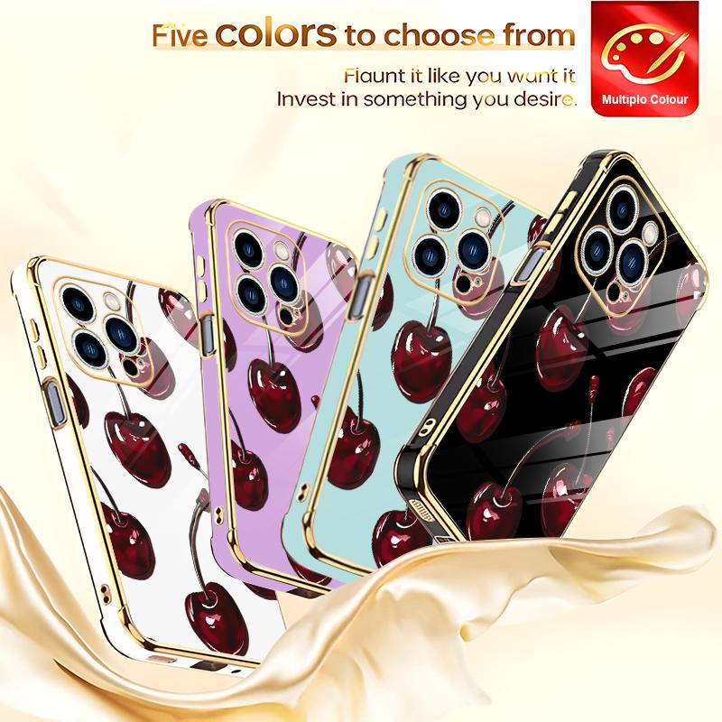 Vintage Cherry Coquette Phone Case – Glossy Dark Fruit Aesthetic, Gold Edges, Soft Cover for iPhone 13 Pro Max — 975