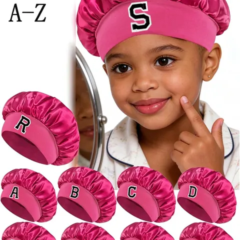 1 Pc A-Z Letter Hats Kids' Bonnet Hat Set Hair Bonnets Elastic Printed Comfortable Daily Headwear Sleeping Cap And Hairband Hair Styling Set