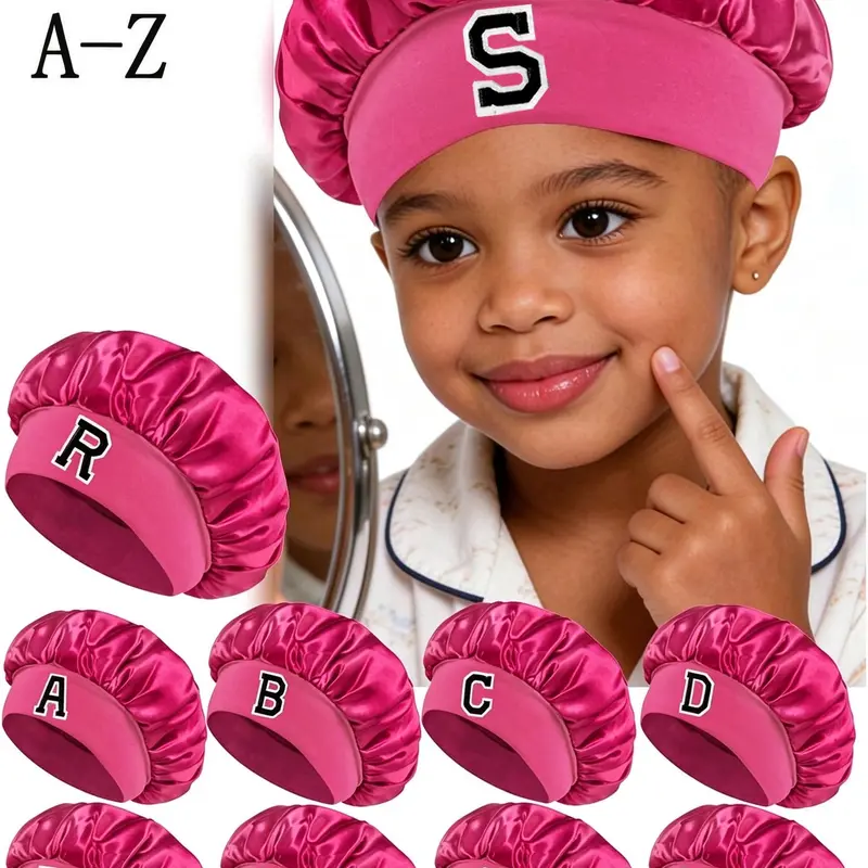 1 Pc A-Z Letter Hats Kids' Bonnet Hat Set Hair Bonnets Elastic Printed Comfortable Daily Headwear Sleeping Cap And Hairband Hair Styling Set