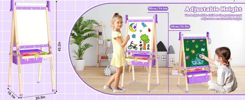 【Kids Easel】Easel for Kids,Adjustable Wooden Kids Art Easel with Paper Roll,Double-Sided Magnetic Toddler Easels,Dry Erase Whiteboard and Chalk Board,Toys for 3 4 5 6 7 8 9 10 Year Old Girl Boy Gift