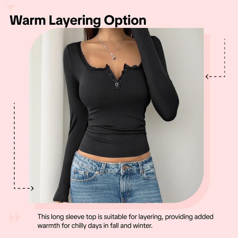 Lace Trim V-Neck Long Sleeve Top, Casual Knitted Striped Sweater, Warm and Versatile for Fall & Winter, Daily Wear, Lace Knit Design