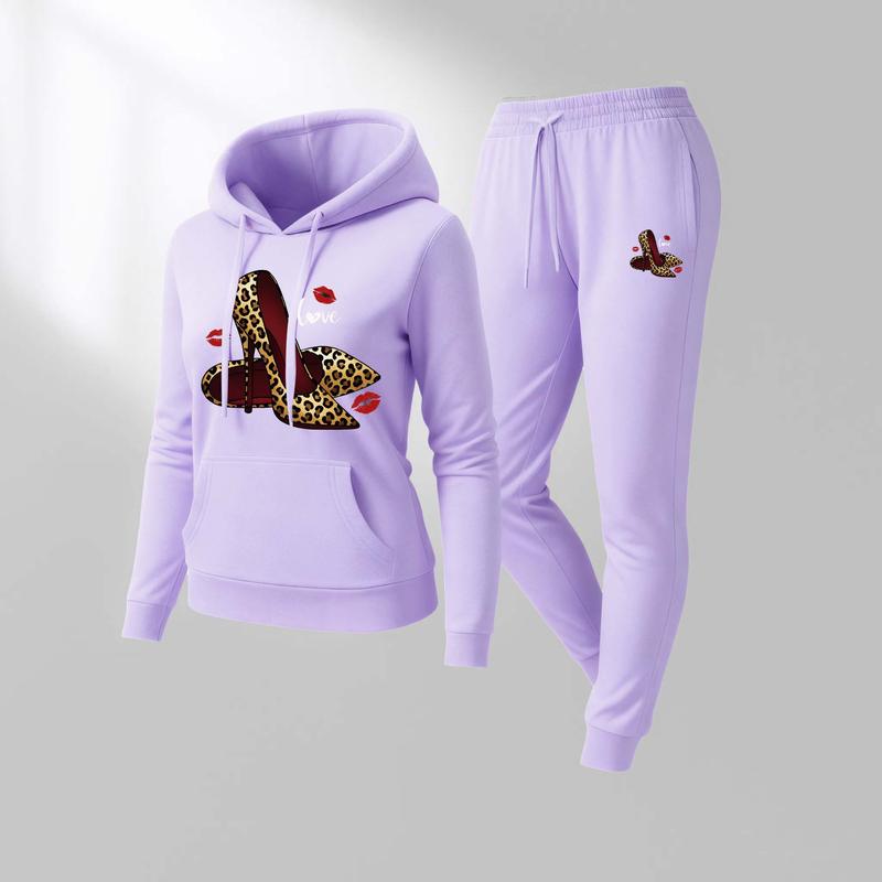 Women's Leopard Print Love High Heels Hoodie And Drawstring Track Pants Set, Casual Sportswear, Long-Sleeved Hooded Jacket And Pants, Suitable For Autumn And Winter, Everyday Wear, Indoor And Outdoor Sportswear, Casual Sportswear.