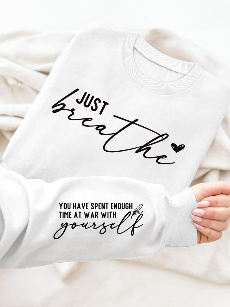 Women's Letter & Heart Print Pullover Sweatshirt, Casual Long Sleeve Crew Neck Sweatshirt for Fall & Winter, Women's Clothes for Daily Wear