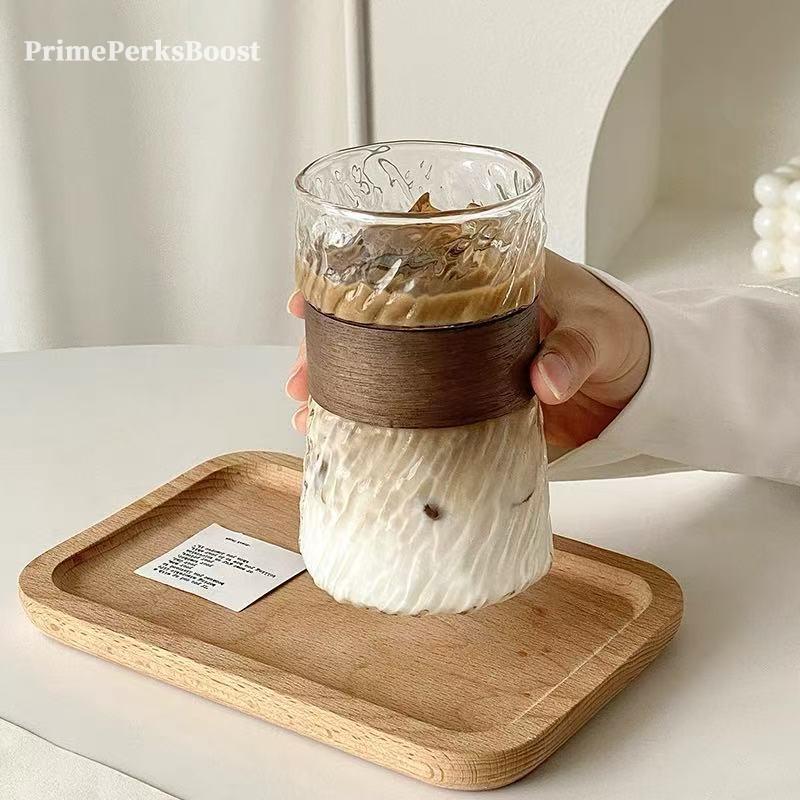 Aesthetic Glacier Textured Borosilicate Glass Tumbler with Wooden Sleeve, Thickened Heat Insulated Coffee Cup, Food Grade BPA Free, Easy Clean, Dishwasher Safe for Iced Coffee Whiskey,Home Office Bar Daily Use, Housewarming Birthday Gift for Coffee Lovers