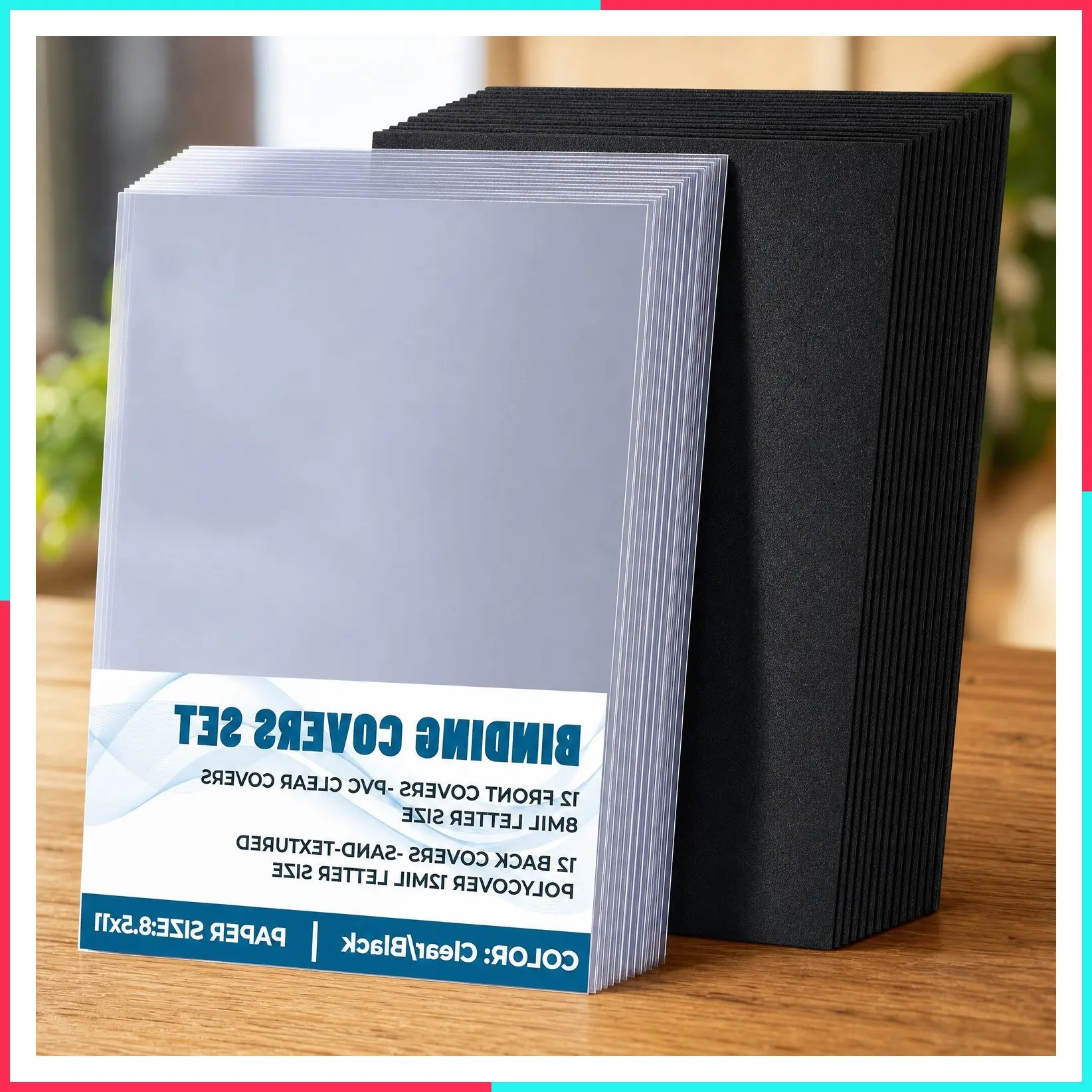 24PCS Binding Covers and Backs Set, 8.5 x 11 Inch Clear Book Cover | 12Pcs 8mil Clear PVC Binding Cover, 12Pcs 12mil Black Poly Cover, Letter Size, Un-Punched, Square Corners, for Home Office