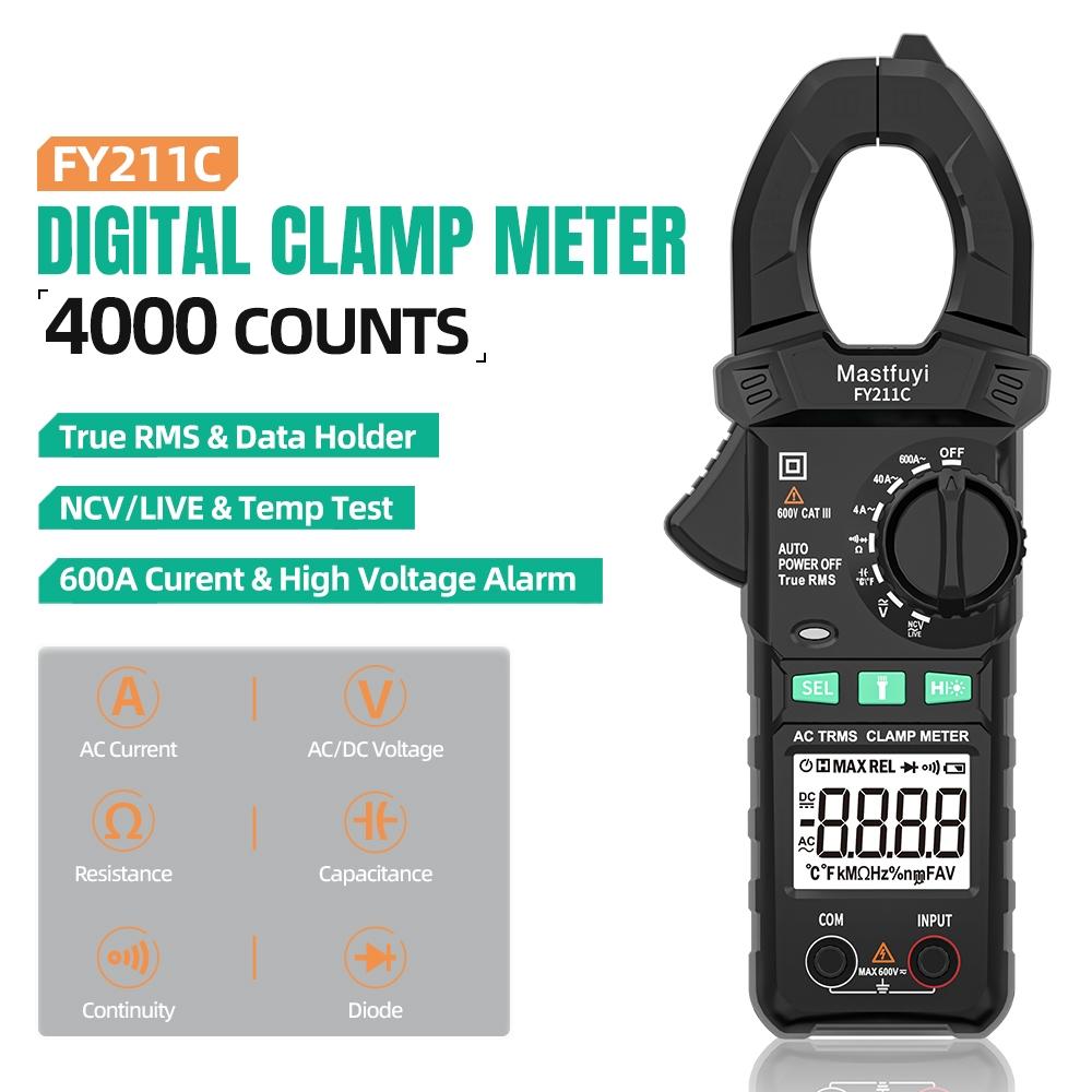 Automatic Range Clamp Multimeter Ac Dc Trms 4000 Counts, Resistance Capacitance Diode Test Ncv Contactless Voltage Detection Backlit Display Digital Multimeter