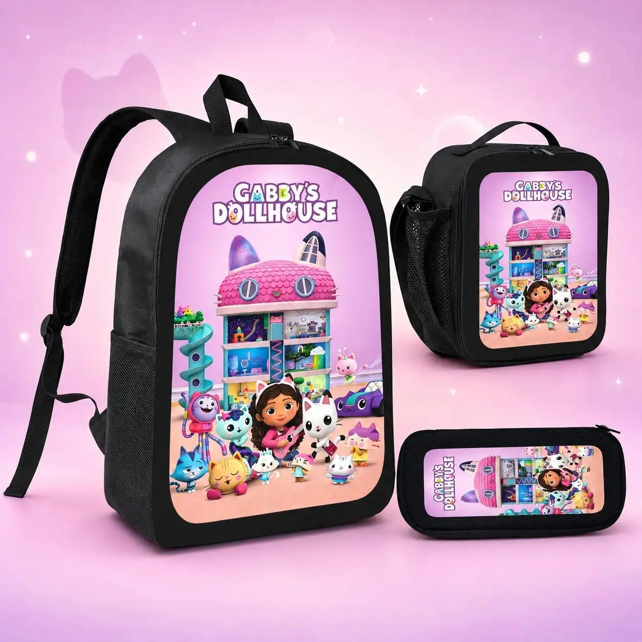 Gabby's Dollhouse Cute Backpack With Lunch Box Pencil Case 3 Piece For Boy Girl Teen Schoolbag Lightweight Large Capacity 600D Oxford Cloth Adjustable Straps Comfortable Mesh Back Cushioning backpack