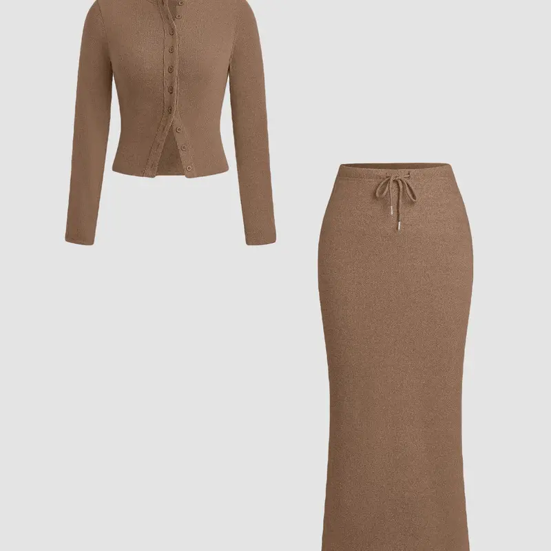 Women's Slim-Fit Long Sleeve Knitted T-Shirt Set Outfit Clothes, Two Pieces Sets, Button, Elegant A-Line Skirt, Spring & Fall Fashion, Basic Style, Moderate Fabric, Womenswear