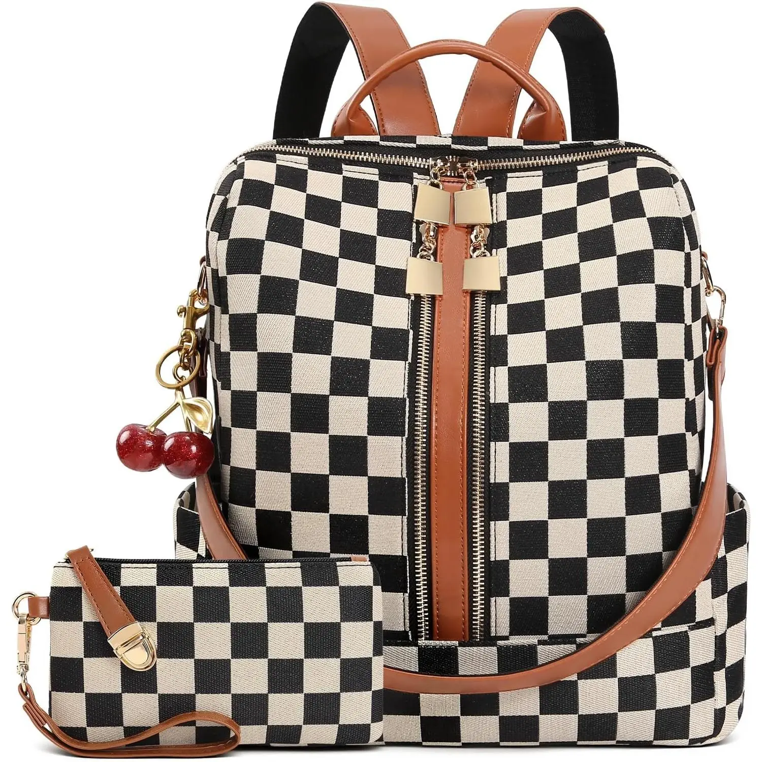 Small Backpack Purse for Women Checkered Back Pack Purses Ladies Backpack Handbags with Cherry Pendant Work Travel