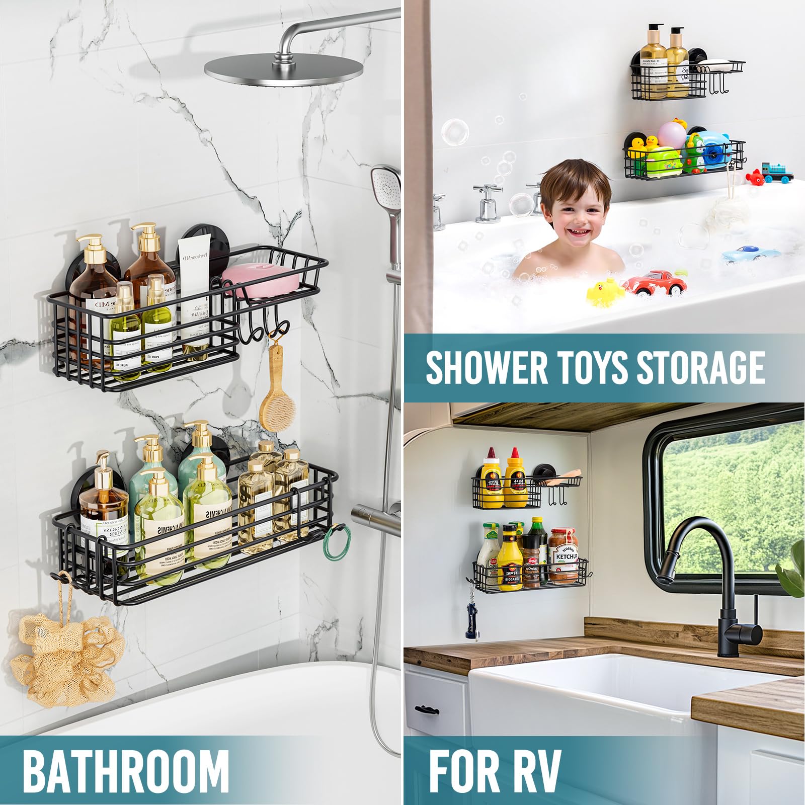 TAILI Black Metal Shower Caddy Suction Cup 2 Pack with Hooks & Soap holder, Rustproof Heavy Duty Shower Organizer for Bathroom, No Drilling