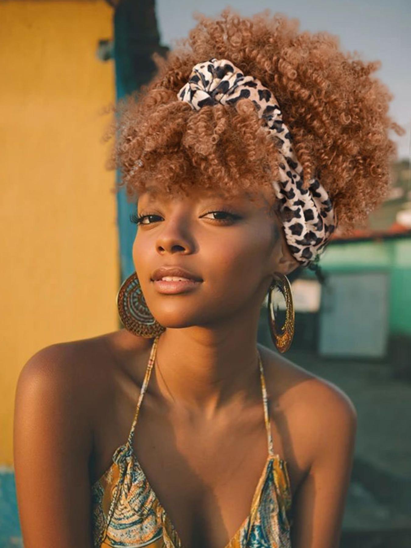 Light Brown Afro Kinky Curly Synthetic Headband Style Wig Leopard Print Knotted Turban Wig High Temperature Fiber Hair Wig For Women Daily Casual Wear