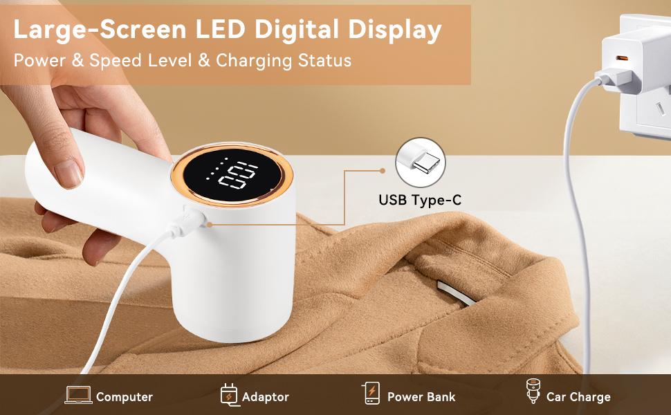 Fabric Shaver, Lint Remover Wireless Rechargeable 6-Leaf Blades 3-Speed LED Display Electric Lint Shaver Portable for Clothes Furniture Sweater Curtain, Fabric-Shaver-Lint-Remover