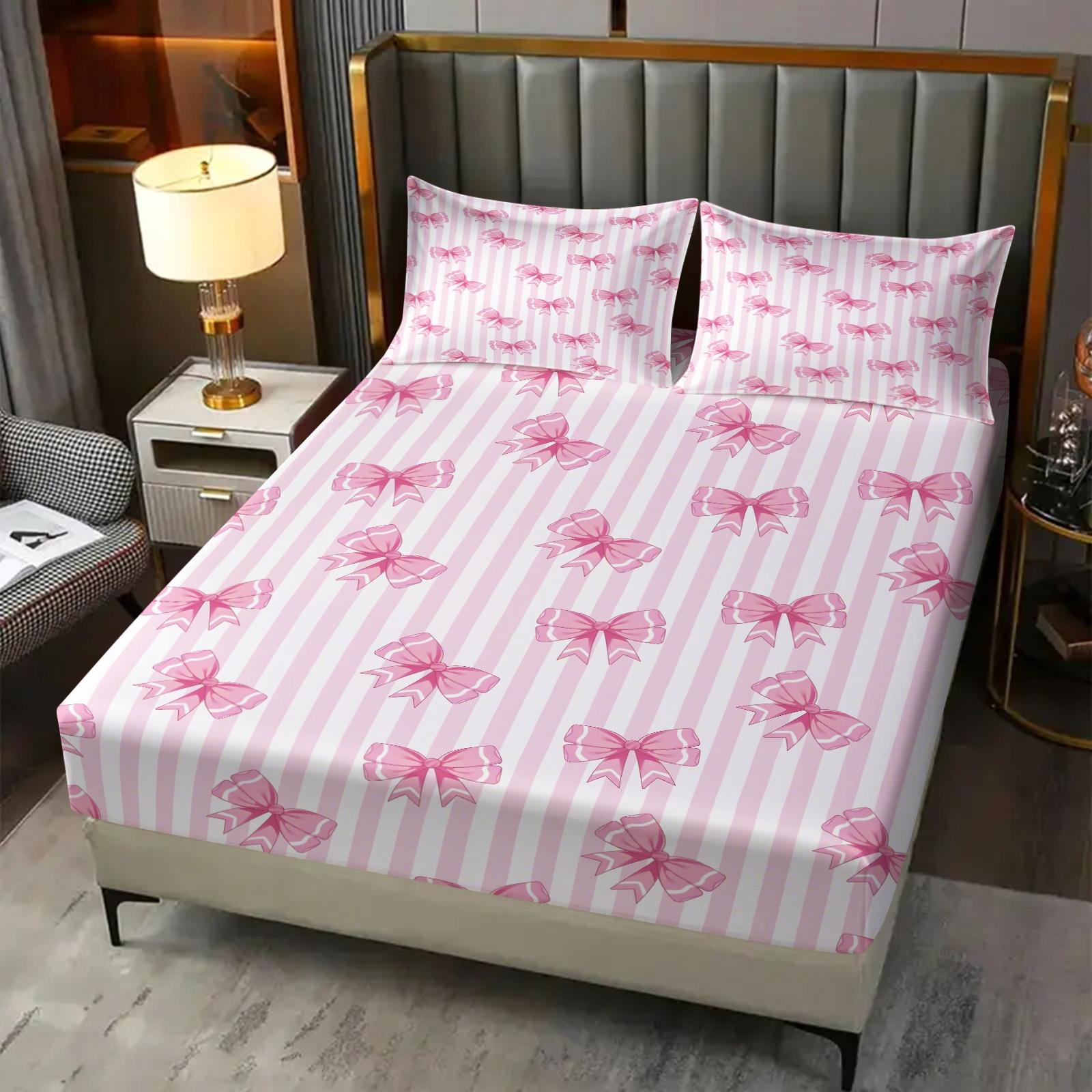 3Pcs Cute Bow Knot Fitted Sheet Set, Fresh Pastel Ribbon Deep Pocket Bed Sheet, Sweet Gift for Girls & Women for Bedroom