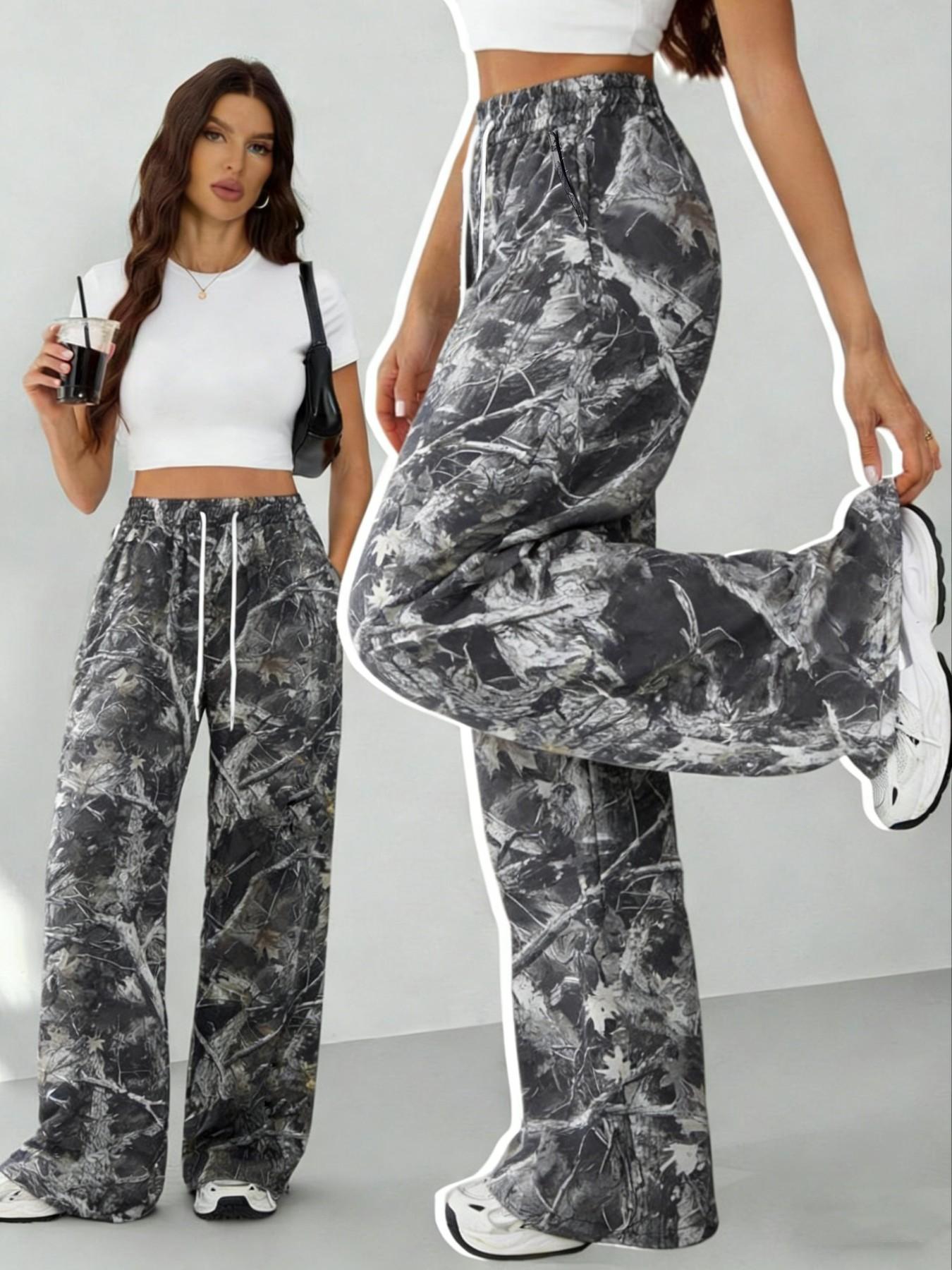 Women's Camo Printed Loose Long Pants with Pockets, Casual Drawstring Waist, Perfect for Spring Summer Fall, All Seasons Wear