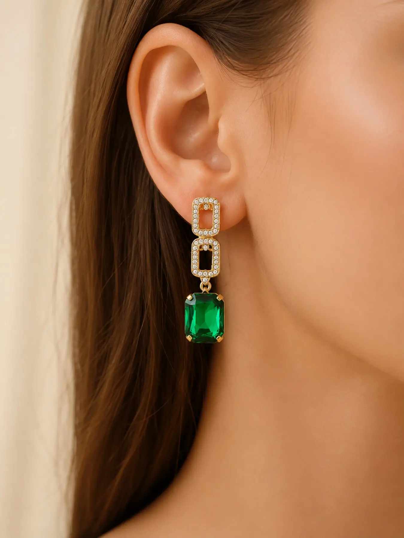 Emerald Green Crystal Dangle Earrings for Women, Gold-Tone Geometric Rhinestone Drop Earrings, Rectangular Statement Earrings for Wedding, Party, Prom & Gift