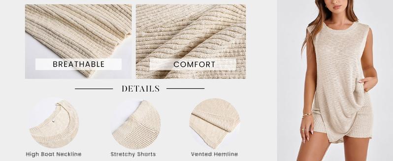 Naeduo Women's Summer Knit Set | Coastal Grandma Beach 2-Piece Outfit | Sleeveless Pullover Top Quick-Dry Shorts | Vacation Matching Sets & Y2K Surf Style Soft Womenswear | Breathable Crew Neck Pajama Clothes Suits Fabric Gamis Basic Black