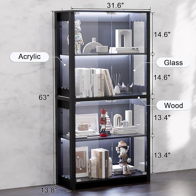 63" Wood Display Cabinet with Glass Doors & RGB Lights - 4-Tier Adjustable Shelves, Anti-Tip Design for Collectibles in Living Room/Study 63" Wood Display Cabinet with Glass Doors & RGB Lights - 4-Tier Adjustable Shelves, Anti-Tip Design for Collectibles in Living Room/Study