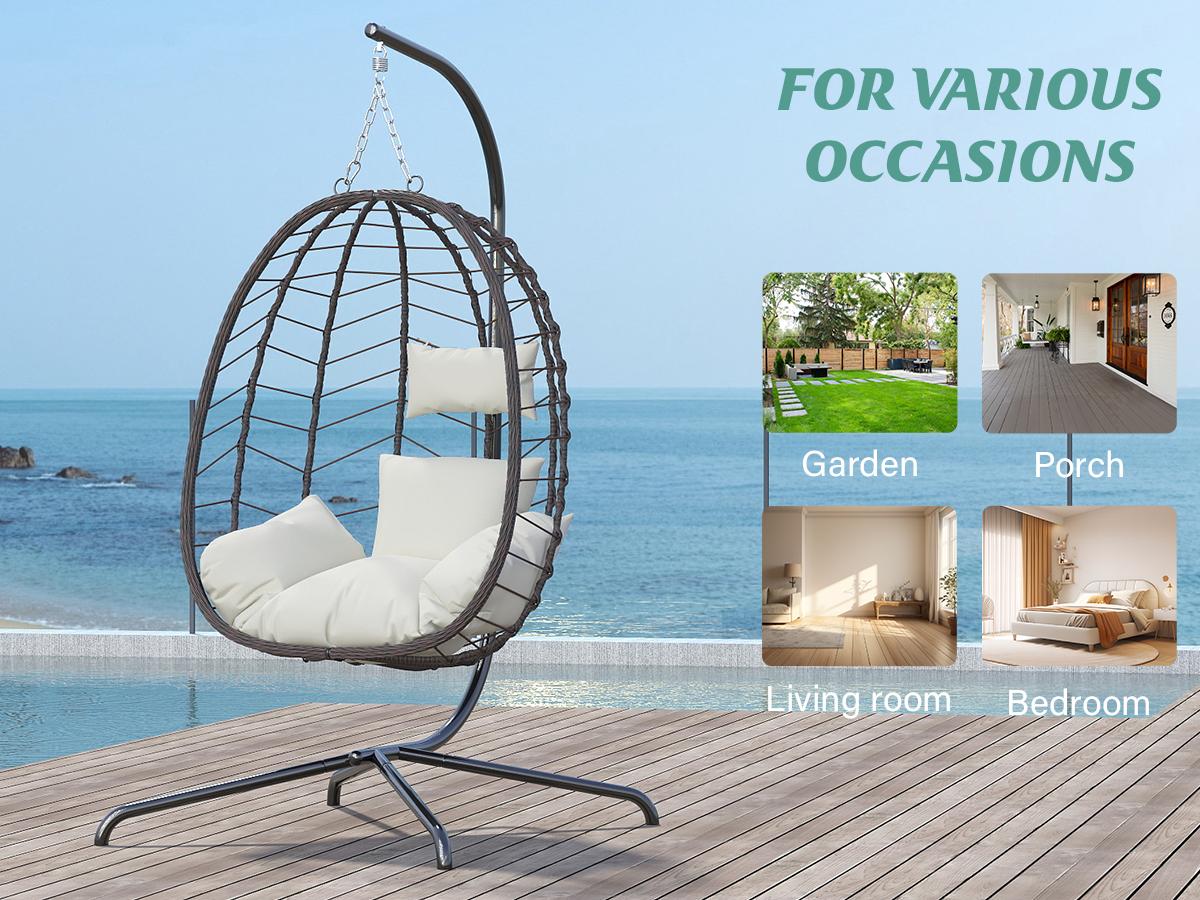 Hanging Egg Chair with Stand – Handwoven Rattan Patio Swing with Cushion, 350lb Capacity – Indoor/Outdoor Chic for Patio, Garden & Poolside