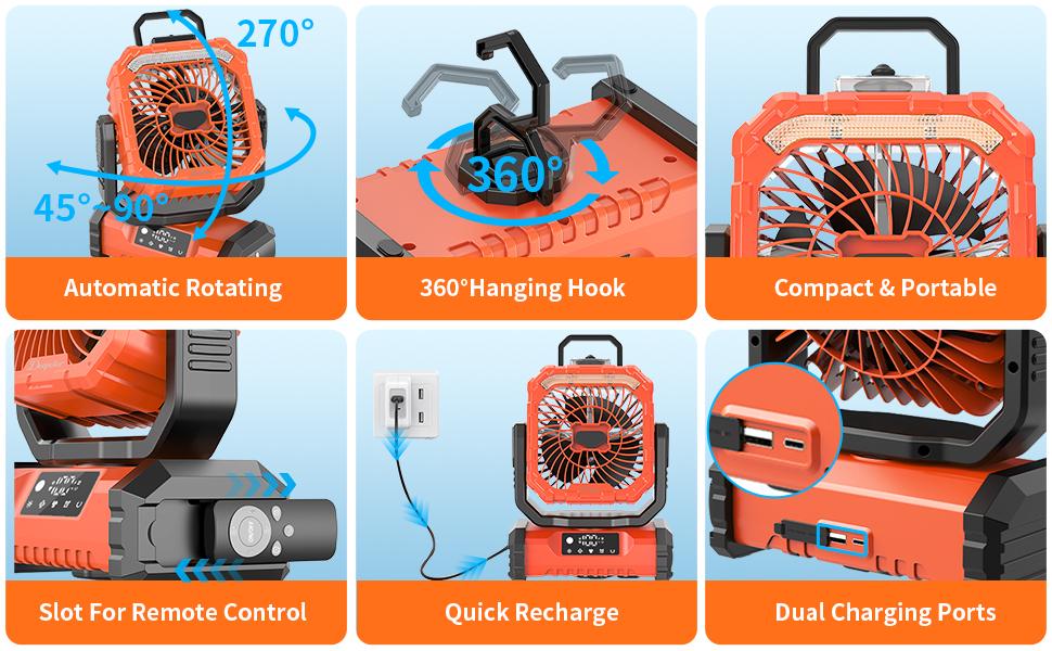 20000mAh Rechargeable Camping Fan with LED Light, Portable Multi-Function Fan with Spray Humidification, Shaking Head Emergency Camping Fan, Wireless Rotation, Battery Powered, Lightweight and Portable