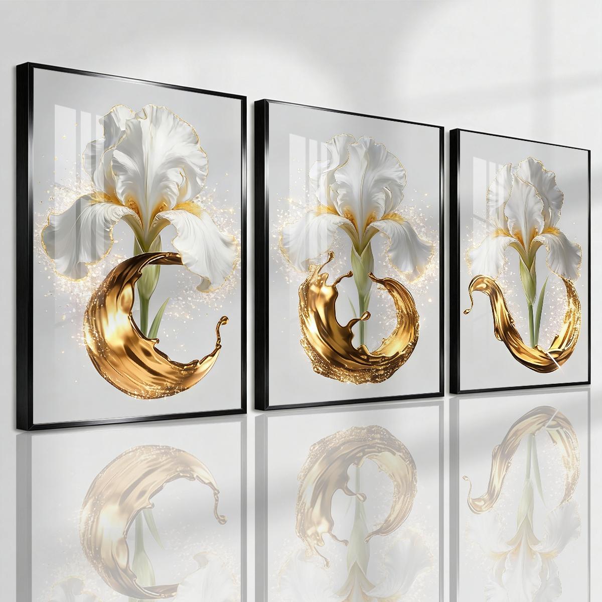3 Counts Aluminum Alloy Framed Painting, Elegant White Iris And Golden Splash Art Pictures, Home Decoration For Living Room, Bedroom, Office, Restaurant, Hallway Wall Decor, Odorless Print Artwork, Luxury Perfect Gift For Friends And Family