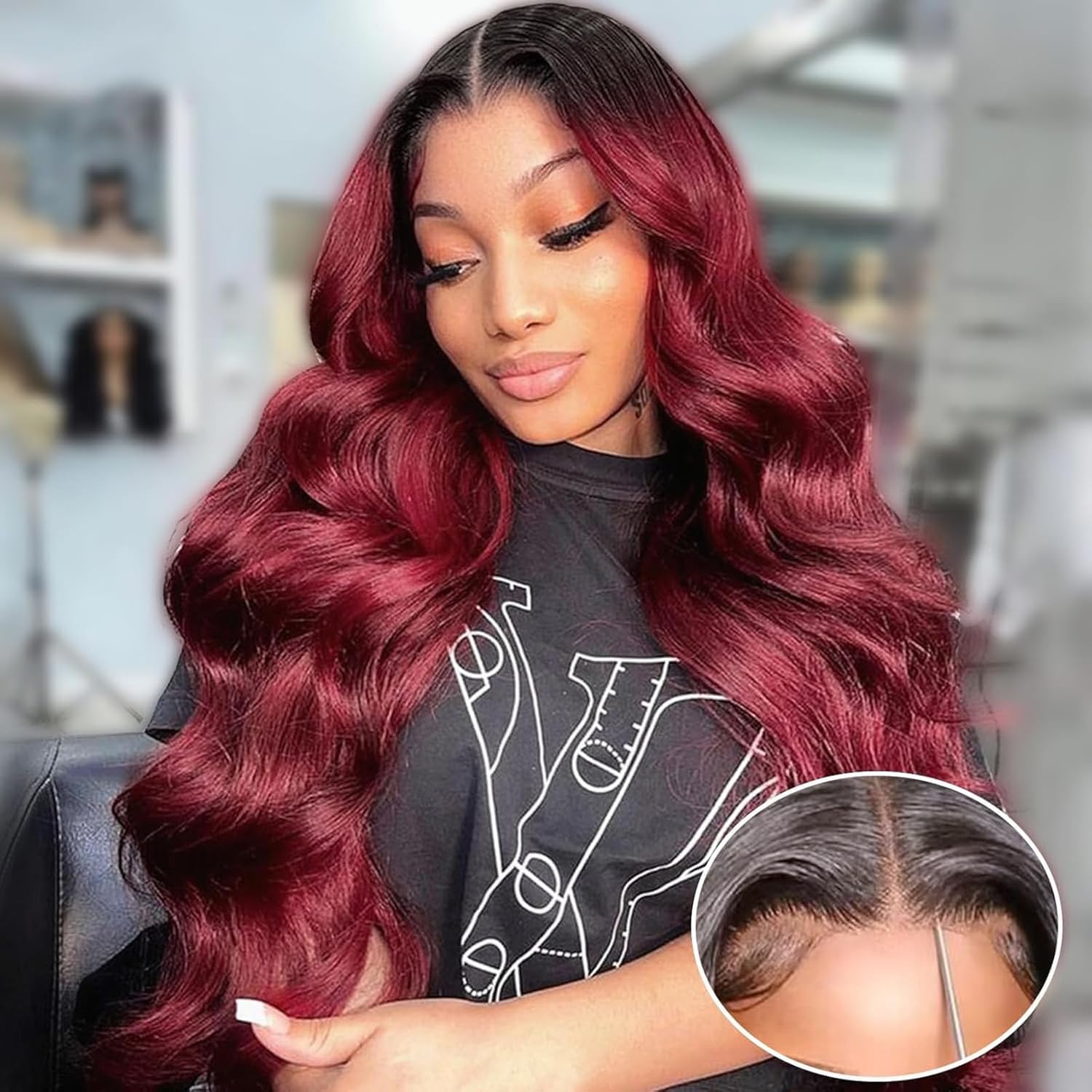Bling Hair 1B/99J Burgundy Wear and Go Glueless Wig 180% Density Pre Cut HD Transparent Lace 5X5 Lace Wigs Body Wave Human Hair Wig For Women
