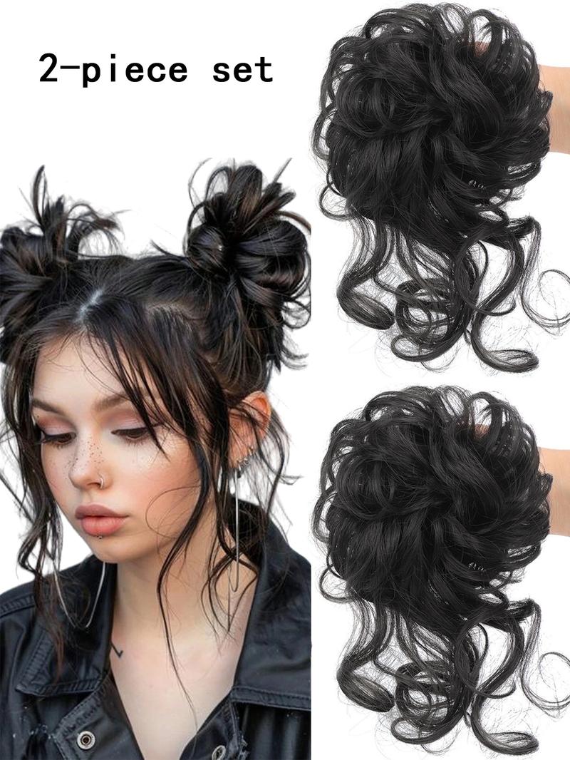 2 Piece Bun Set Messy Updo Bun Hair Loop Fake Hair with Braid Elastic Hair Accessory Tail Ladies Soft Synthetic Hair Synthetic Curly Ponytail Curly Wave Hair Coil Thick Updo Hair Loop Everyday Synthetic Bun Natural Hair Color