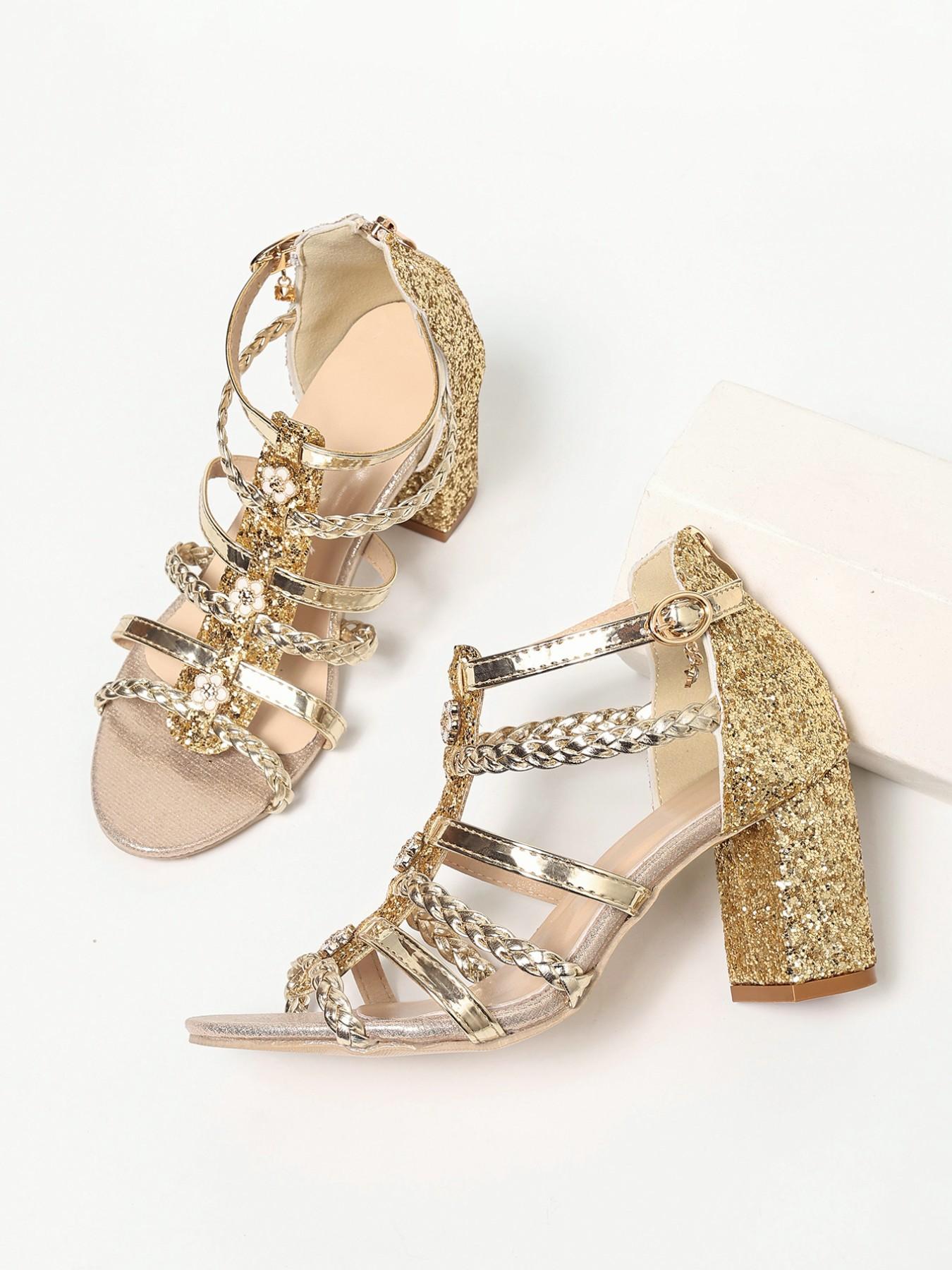 Women's High Heel Shoes, Round Toe, Chunky Lug, Sparkly Braided Strap, Perfect for Parties, Weddings, Summer 2026