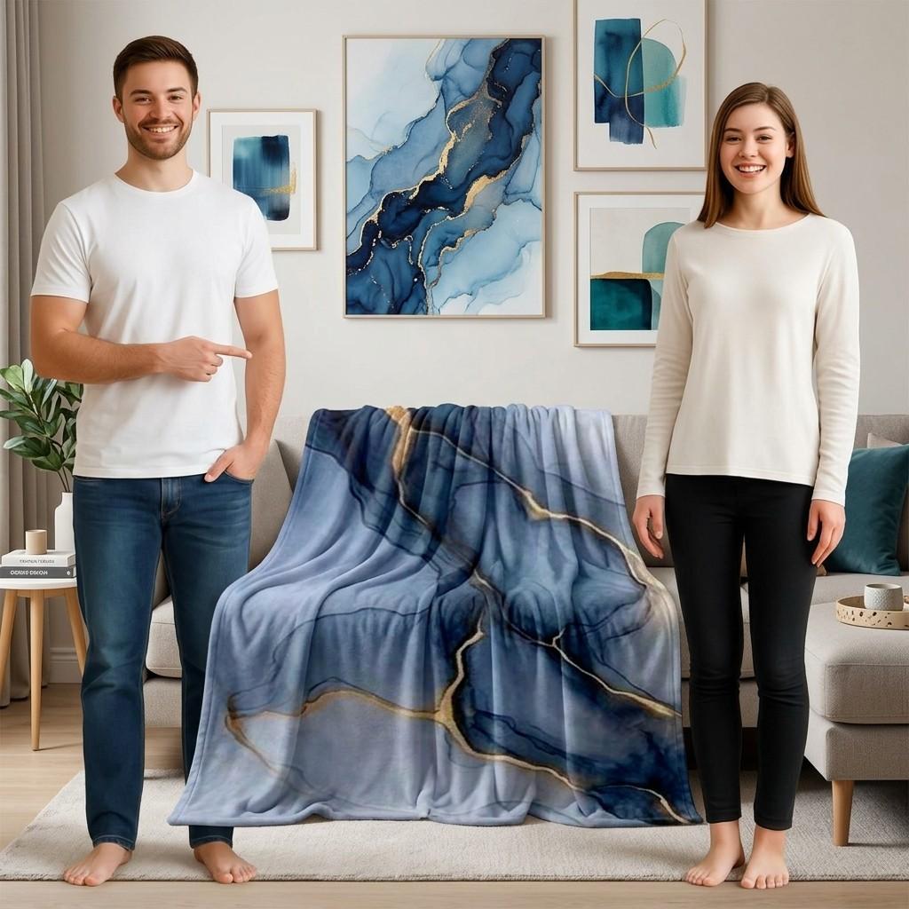 1 piece Blue-gray marble texture with golden crack design themed flannel blanket - All-season flannel blanket, suitable for sofas and beds, super soft and comfortable, modern design, digitally printed pattern, 100% polyester material, machine