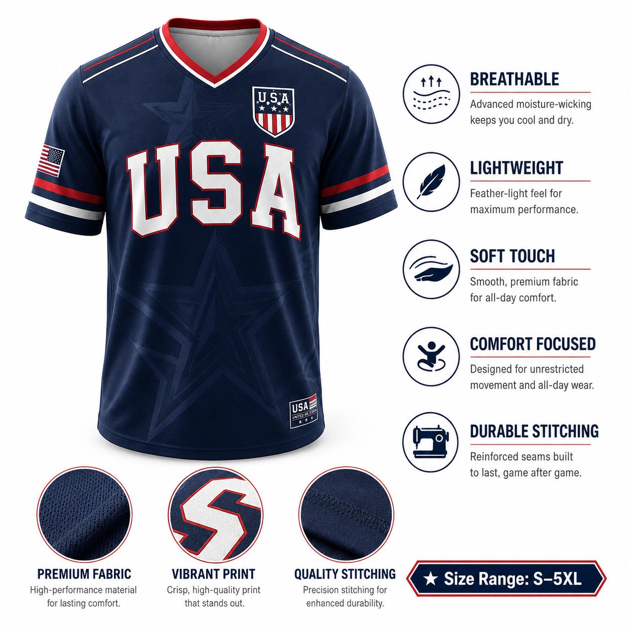USA Soccer Jersey Men Women Navy Patriotic American Flag Football Shirt Statue of Liberty Graphic V Neck Sports Tee Red White Blue Stars Stripes Short Sleeve Athletic Top 4th of July Independence Day Fan ApparelUSA Soccer Jersey Men Women Navy Patriotic A