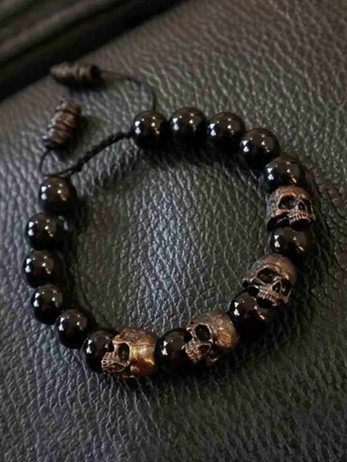 Vintage Gothic Skull Beaded Stretch Adjustable Bracelet, Trendy Punk Men's Party Street Style Personalized Hand Chain