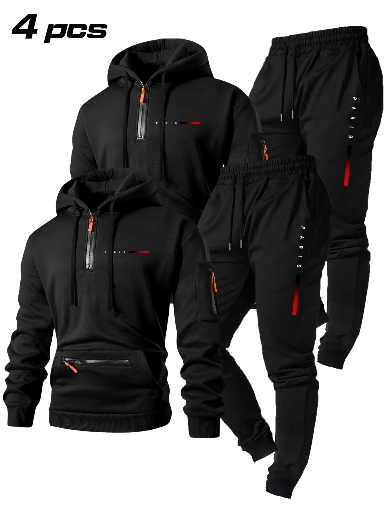 Men's Hooded Sweatshirt Set with Zipper Pockets, Letter Print, Casual Fitted Design, Fall & Winter Streetwear, Multiple Colors Available, Menswear