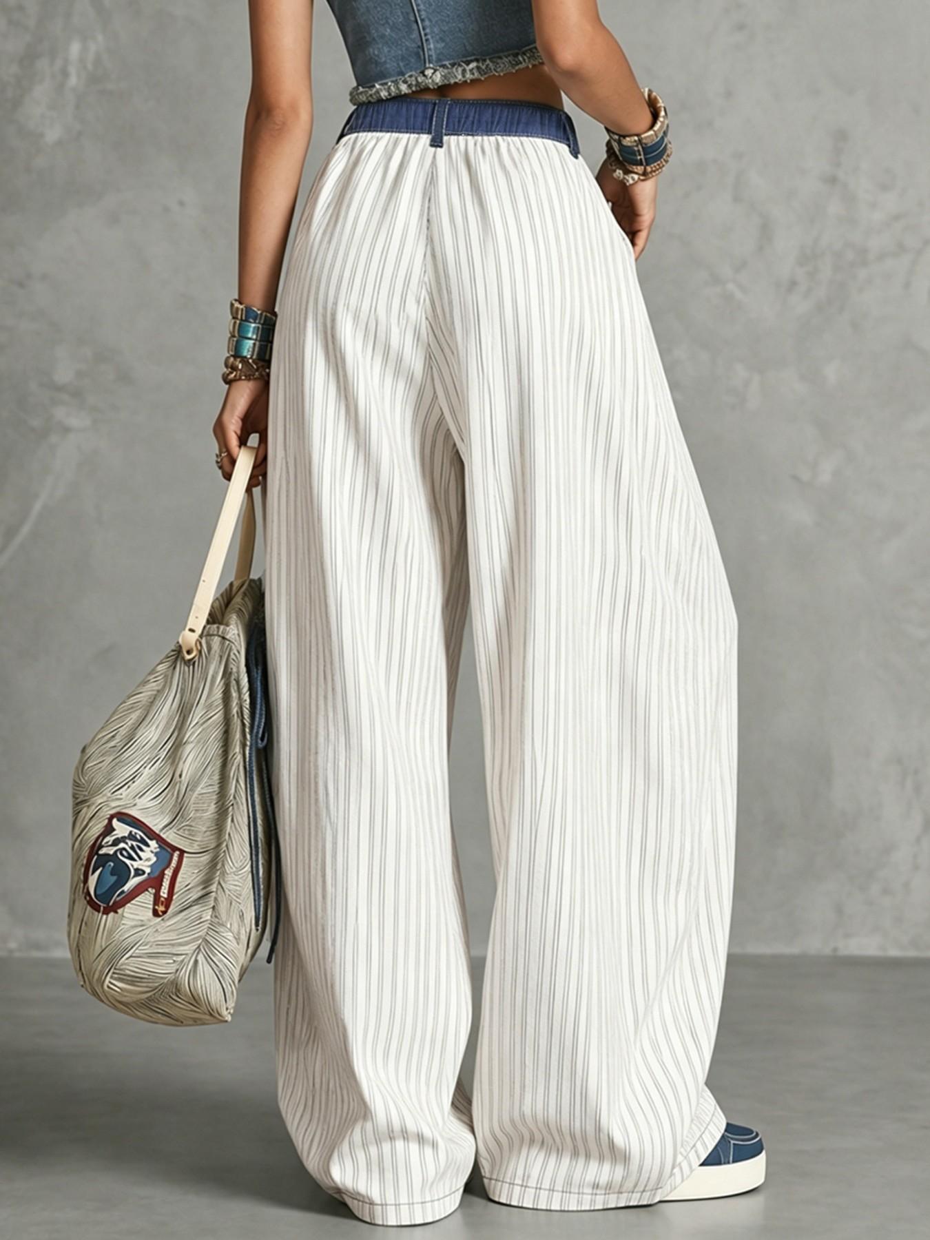 High-Waisted Loose Fit Oversized Pants, Street Fashion Trousers, Colorblock Pocket Patchwork Striped Tie Waist Adjustable Long Pants, Stylish, Comfortable and Casual Fashion Bottoms