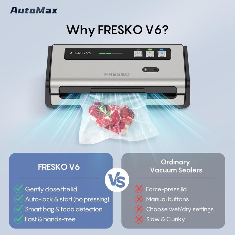 FRESKO AutoMax V6 Automatic Vacuum Sealer Machine, Double Heat Seal Food Saver with Built-in Cutter & Bag Storage, Includes Bags & Rolls FRESKO AutoMax V6 Automatic Vacuum Sealer Machine, Double Heat Seal Food Saver with Built-in Cutter & Bag Storage, Includes Bags & Rolls