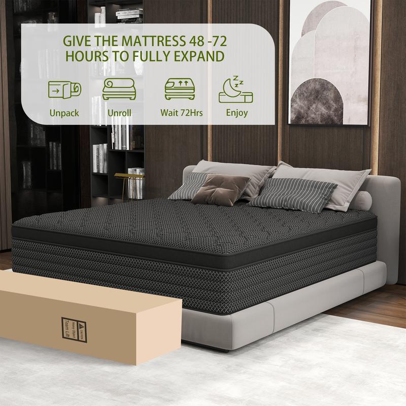 BOMASS 12" 14" Mattress Twin Full Queen King Hybrid Gel Memory Foam Individual Pocket Spring Black Mattresses Medium Firm Back support Bed in a box