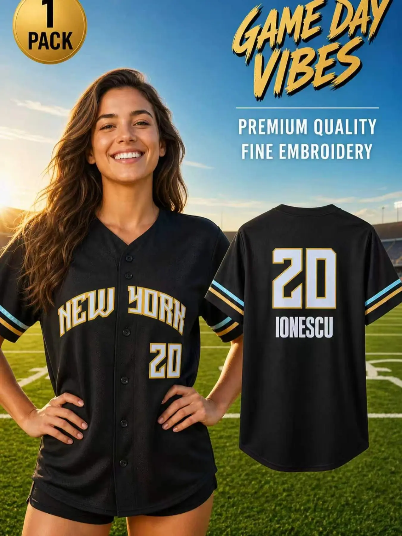 Women's Premium Embroidered Baseball Jersey Black New York #20 Short Sleeve Button Down Game Day Casual Softball Sports Shirt