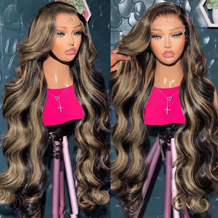 Highlight Ombre Lace Front Wig Human Hair Wear To Go Wig Pre Cut 5x5 Lace Closure Wigs Blended Hair Body Wave Lace Front Wigs Pre Plucked 5x5 Glueless Lace Wig P1B/27 Brown Highlight Wig 200 Density Colored 26 Inch Balayage Wigs for Women