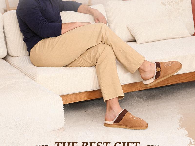 OOW Cowboy Boot Slippers for Men Western House Slippers Indoor & Outdoor Square Toe Chestnut Soft Faux Fur Lining Durable Cotton Fabric