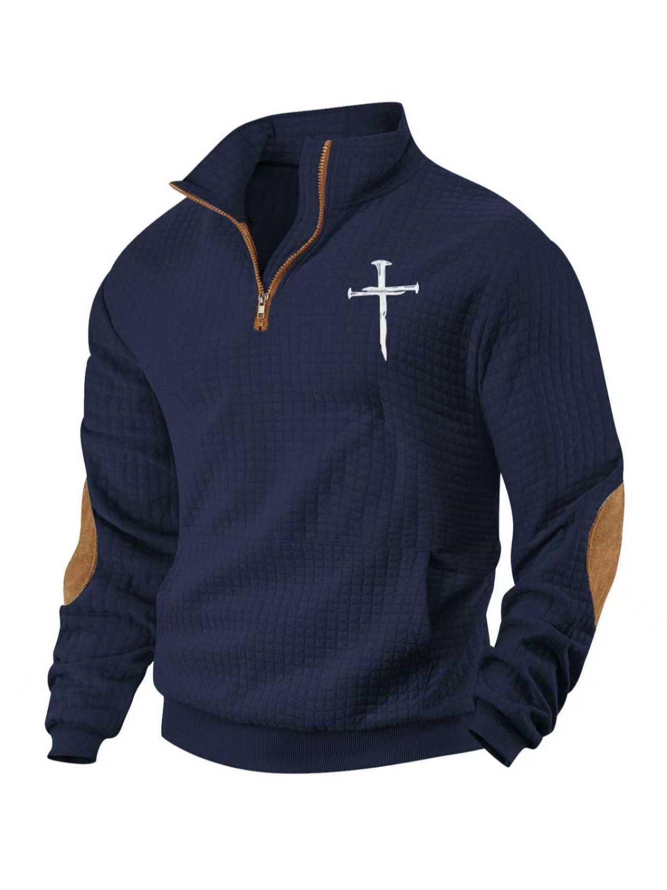 Men's cross-print plain color waffle weave hoodie, long-sleeve stand-up collar pullover, Jesus cross print, quarter z design, winter hoodie, daily holiday wear, street style casual outfit, suitable for spring, autumn and winter seasons.